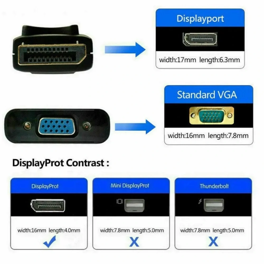 Display Port to VGA Female Video Cable Cord Converter Adapter PC Monitor Desktop